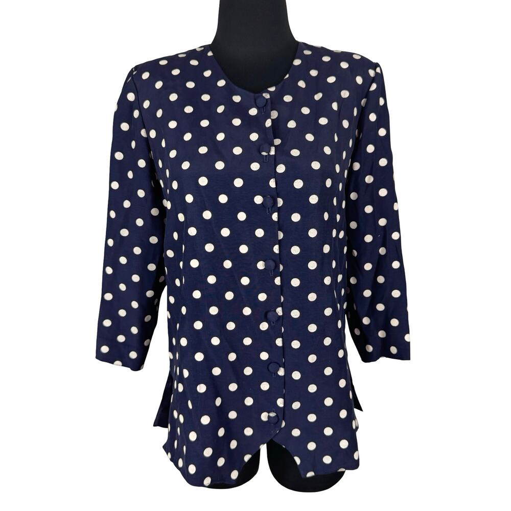 Vintage 1980s Navy Blue Polka Dot Blouse Pinup Rockabilly Peplum Top 40s Style